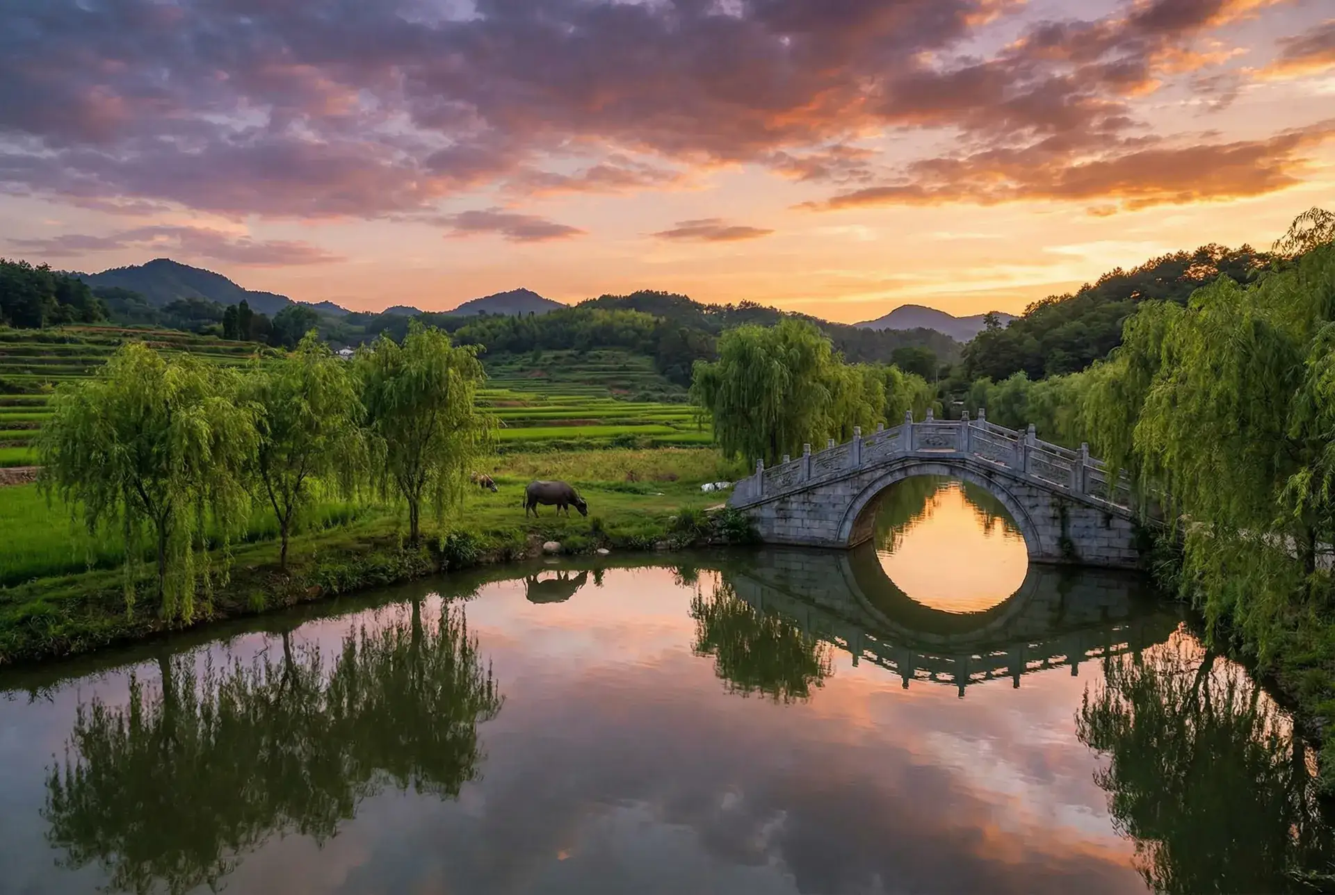 夕阳下的石拱桥与垂柳，水牛在河边吃草 - dnf巫女加点 乡村美景